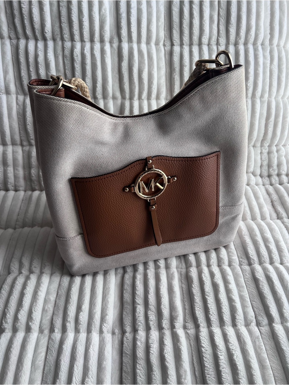 Michael Kors Cream Canvas Shoulder Bag with Tan Leather Pocket
